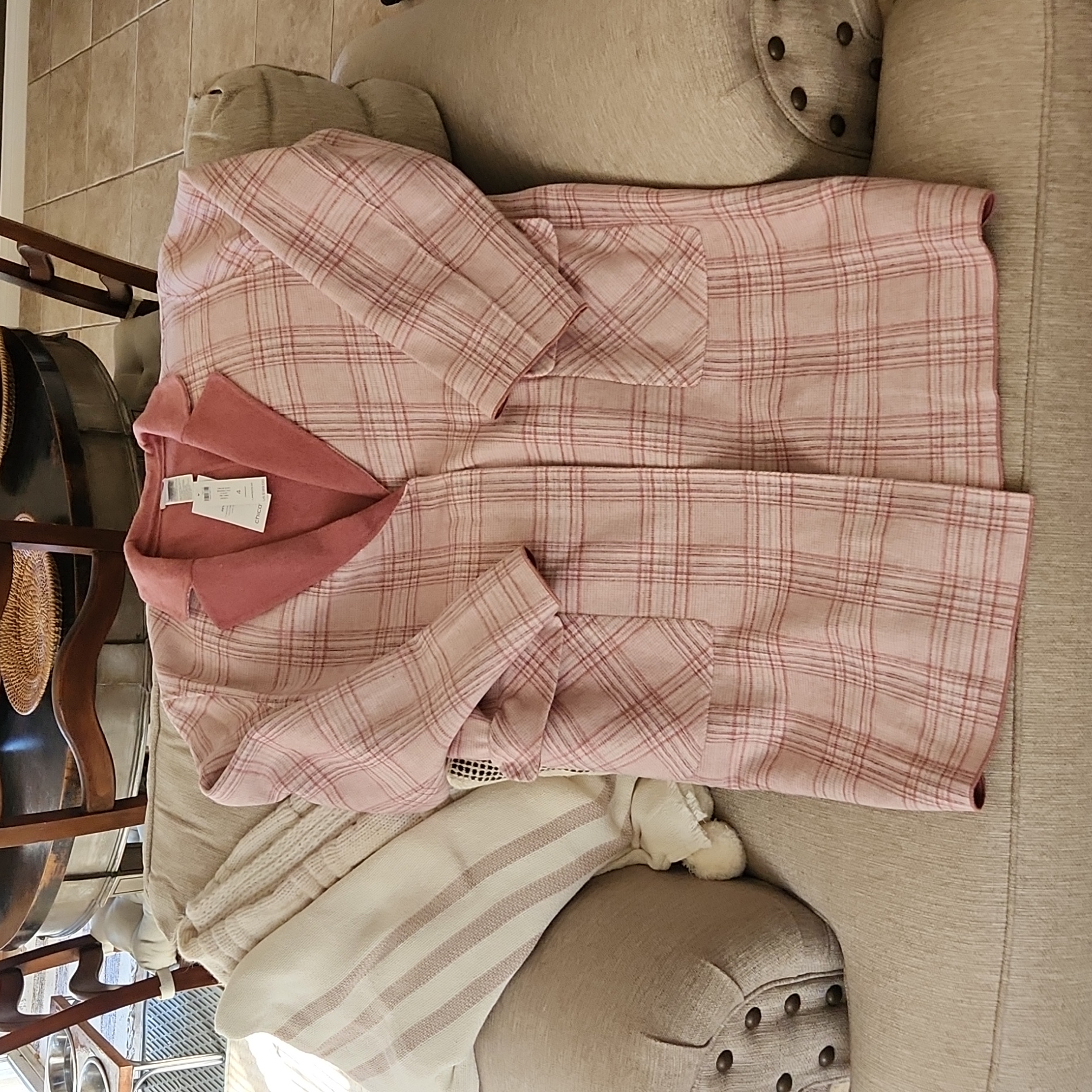 Brand New Chico's Longline Reversible Plaid Jacket Size 4 Pink Combo